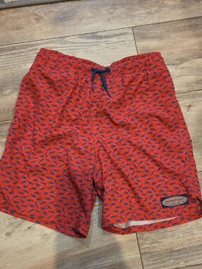 Vineyard Vines Orange Swim Shorts with Navy Fish Motif